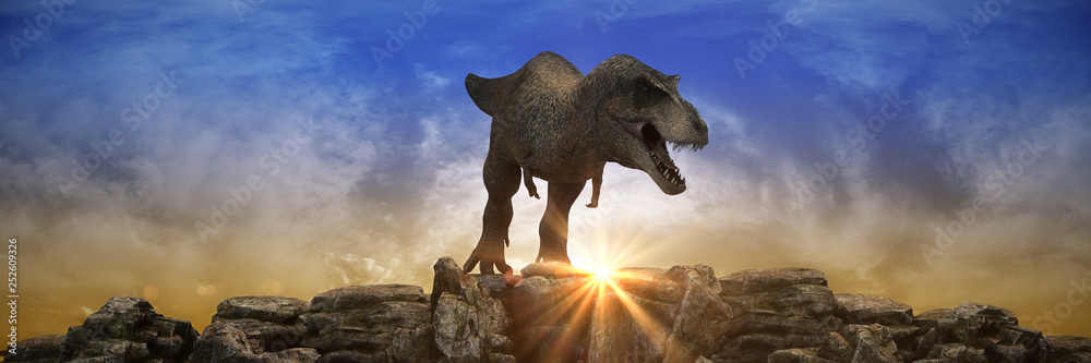 Fototapeta premium Dinosaurs on rock mountain at sunset. 3d rendering 