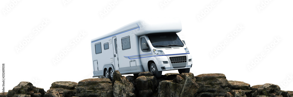 camper truck in mountain at sunset. 3d rendering camper truck in mountain at sunset. 3d rendering