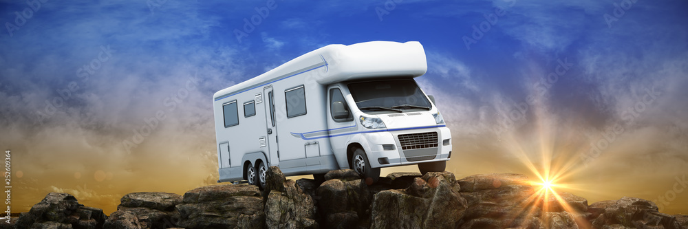 Obraz premium camper truck in mountain at sunset. 3d rendering