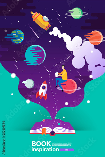 open book, space background, school, reading and learning , Imagination and inspiration picture. Fantasy and creative ,Vector flat illustration.