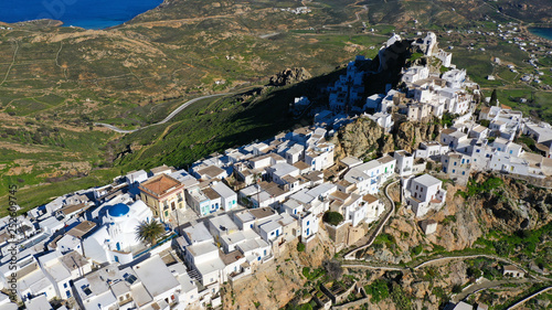 Aerial drone photo of picturesque main village or hora of Serifos island with breathtaking view to the Aegean sea in spring, Cyclades islands, Greece