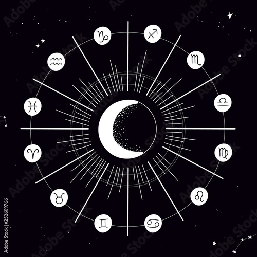 Zodiac circle. Hand drawn design. Vector