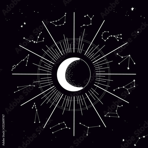Zodiac constellations circle. Vector hand drawn illustration.