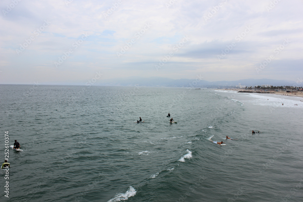 People and surfers swimming in Venice Beach