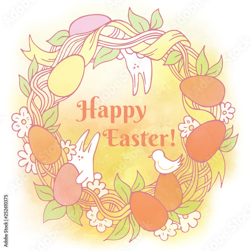Easter spring holiday. Artistic graphic drawing for greeting card. Floral design with bunny  yellow and green colorful easter eggs and flowers. Happy Easter inscription