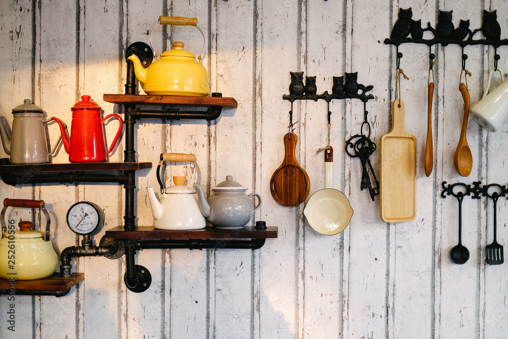 Kitchen interior vintage style on rustic wooden background/ Vintage  kitchenware Stock Photo