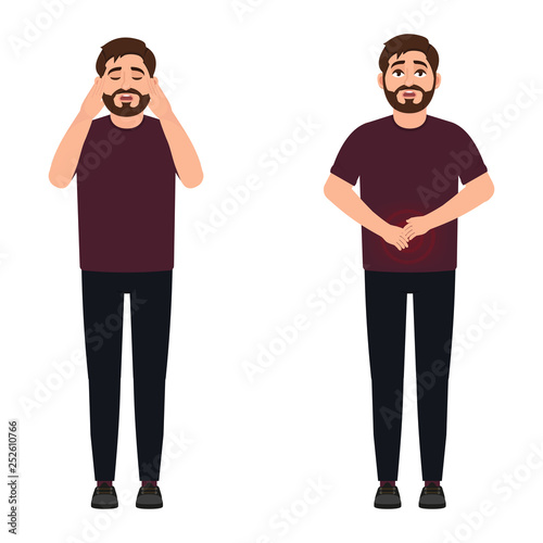 A man has a headache and stomach ache, a sharp pain in the intestines, a migraine in a young man, vector illustration