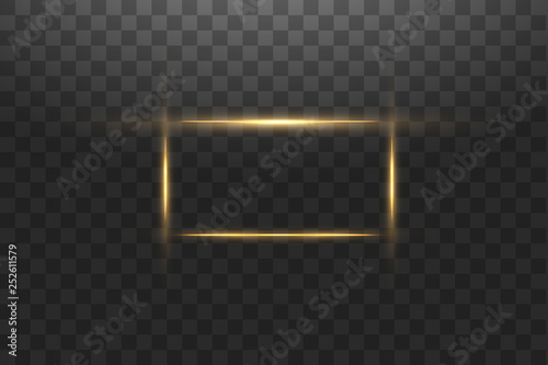 Golden frame with lights effects,Shining luxury banner vector illustration. Glow line golden frame with sparks and spotlight light effects. Shining rectangle banner isolated on black transparent
