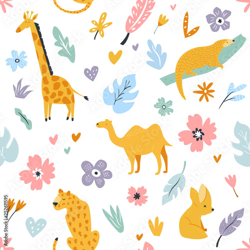 Fototapeta Naklejka Na Ścianę i Meble -  Seamless pattern with african animals and floral prints
