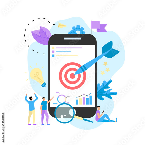 Foto Target with an arrow on smartphone, hit the target, goal achievement
