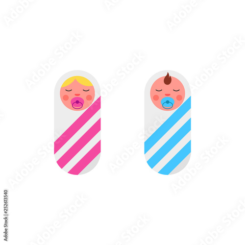 Sleeping newborns boy and girl twins with pacifier or dummy wrapped in swaddling clothes with pink and blue ribbon