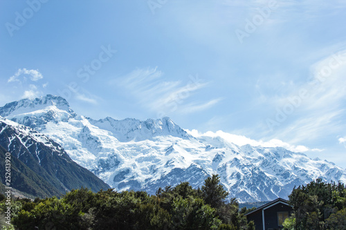 Mount Cook covered in snow on a sunny day, South Island, New Zealand
