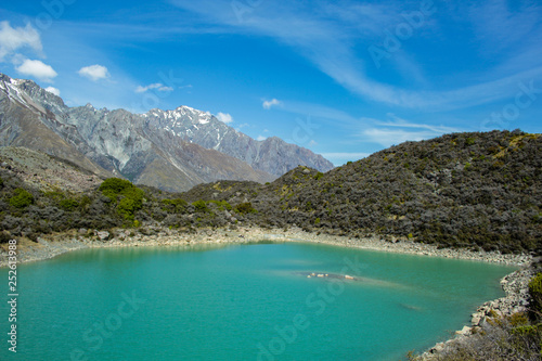 scenic view over Blue Lakes in Aoraki/Mount Cook National Park, South Island of New Zealand