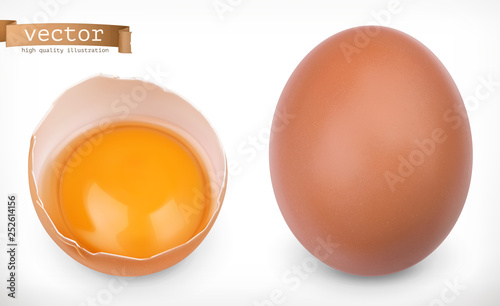 Whole chicken egg and broken egg with yolk. 3d realistic vector icon set