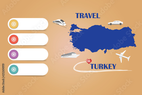 Travel Turkey template vector for travel agencies etc. Vector showing the plane, car, train and ship approaching the blind map of Turkey. Four blank labels are ready for your text.