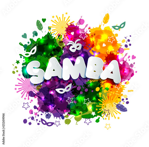 Popular Event in Brazil. Carnival Title With Colorful Party Elements and blots. Travel destination.