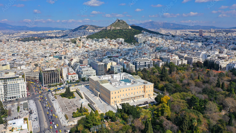 Aerial drone photo of iconic Greek Parliament in Syntagma square, Athens historic centre, Attica, Greece