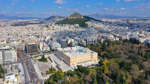 Aerial drone photo of iconic Greek Parliament in Syntagma square, Athens historic centre, Attica, Greece
