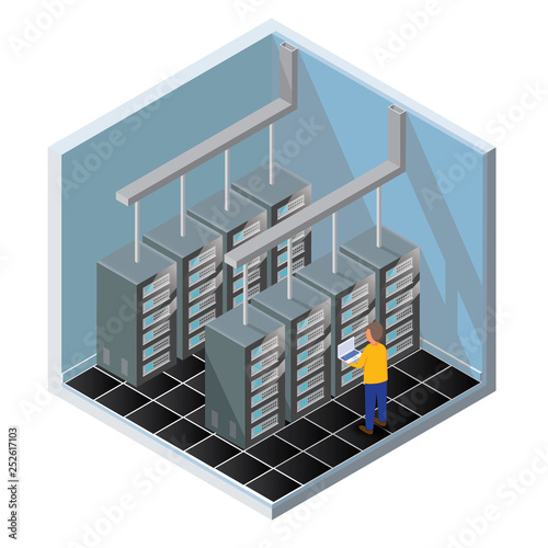 Isometric Vector Illustration diagnostic test in a server computer room. Server test in room. Servers being tested in room. Technology communication . Infographics Stick Figure. Vector illustrator