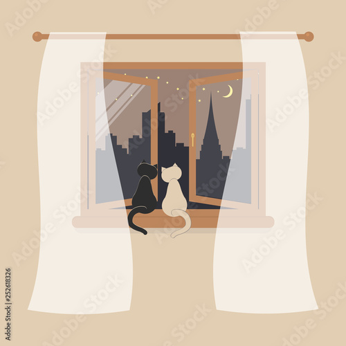 Wooden window with tulle as design element for interior of room on cream background. Night city scene or cityscape is outside. Cats sit on windowsill and looking in the open window.Vector illustration