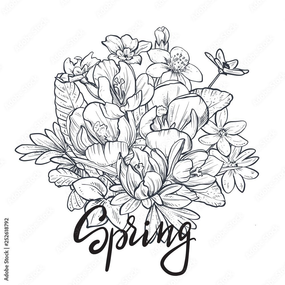 Fototapeta premium Spring text. Hand lettering with hand drawn flower bouquet on white background.