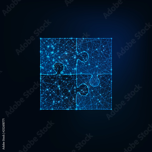 Glowing low polygonal jigsaw puzzle icon of four pieces on dark blue background.