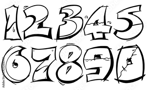 Numeric from 0-9 in graffiti bold stroke vector outline in black and white.