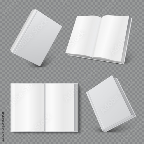 Book cover mockup. Realistic blank booklet cover, white brochure surface, empty paperback magazine mock up. Books 3D vector set
