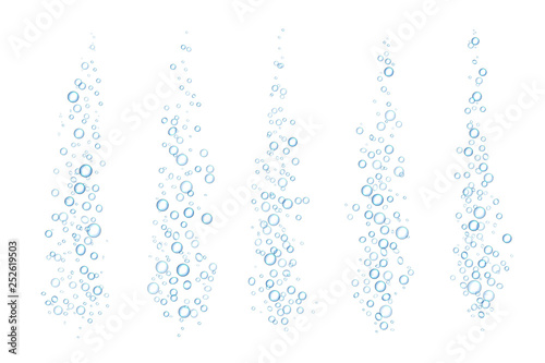 Blue fizzing bubbles. Underwater realistic sparkles transparent isolated water drops. Vector 3d sparkle stream