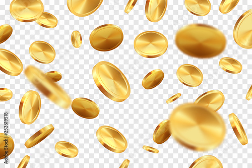Golden coins transparent backgrounds. 3D money fall casino jackpot game treasures Vector isolated realistic coin rain