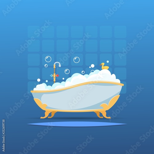 Cartoon bathtub. Bath bubble foam bathroom flat interior shower hot water cute wash duck. Vector bathroom with full bath interior