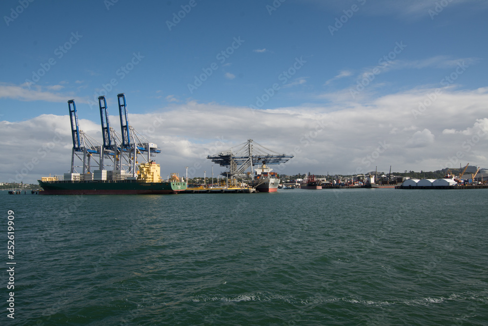 Seaside view of the container station of the harbour of Auckland 