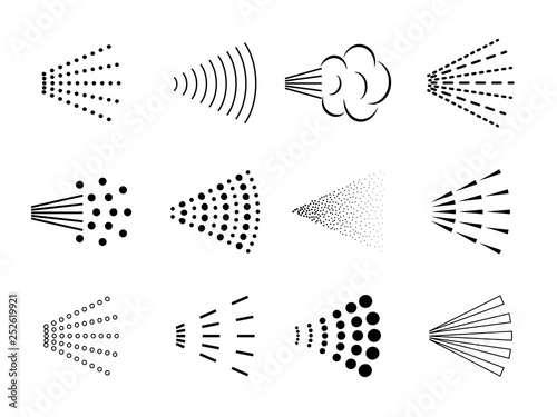 Spray icon. Bottle air sprayer, bathroom nozzle aerosol sprinkle, scattered black deodorant, clean water drops. Vector spray clipart set