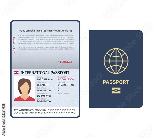 Passport document. Id international paper passport page with female photo legal sample isolated vector template