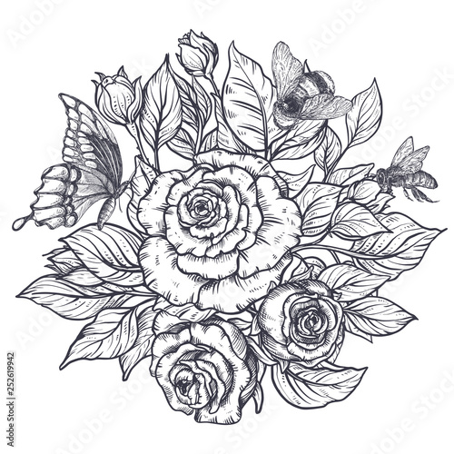 Elegant hand drawn graphic bouquet with rose flowers and leaves  bee and butterfly.