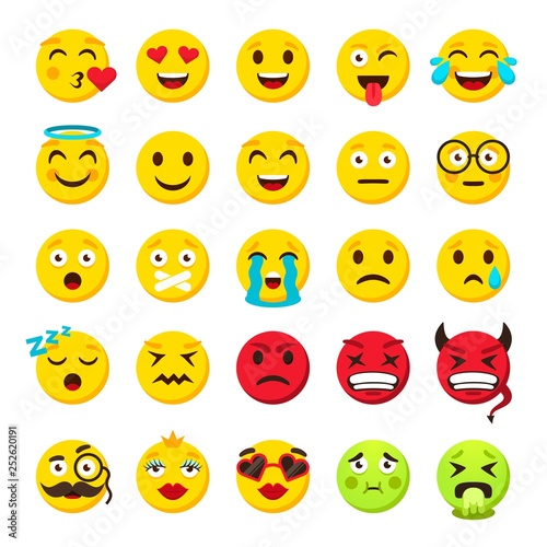 Emoticons set. Emoji faces emoticon funny smile vector packs collection