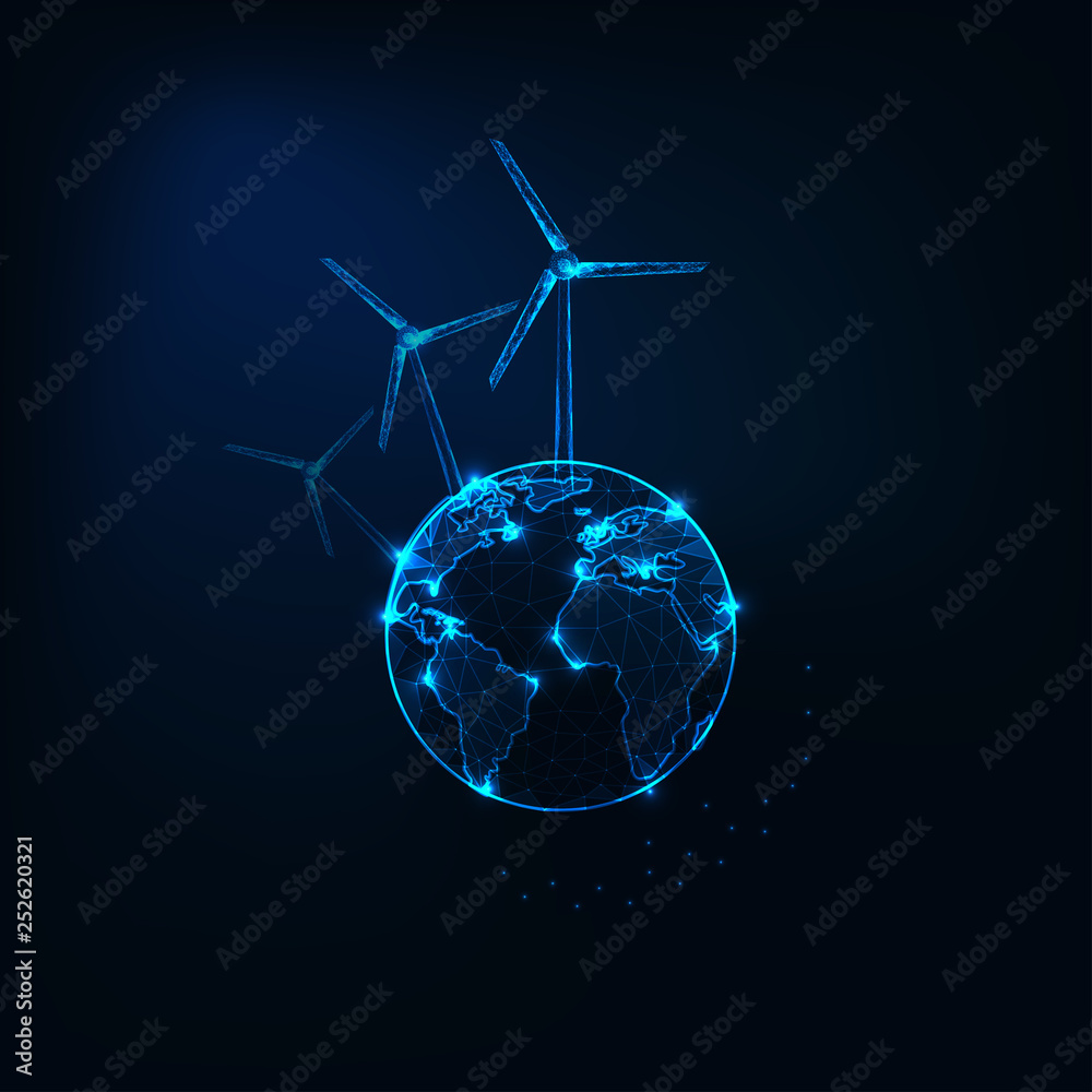 Naklejka premium Glowing low polygonal Earth planet globe with wind turbines on dark blue background.