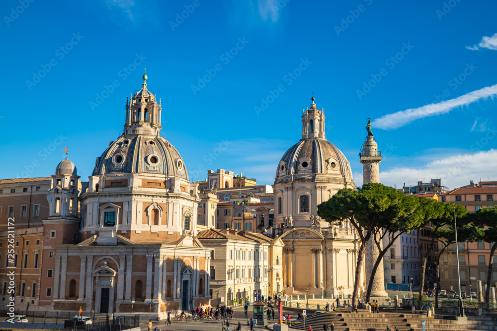 Trajan Column, Catholic churches, pine trees, Piazza Venezia, Rome, Italy.