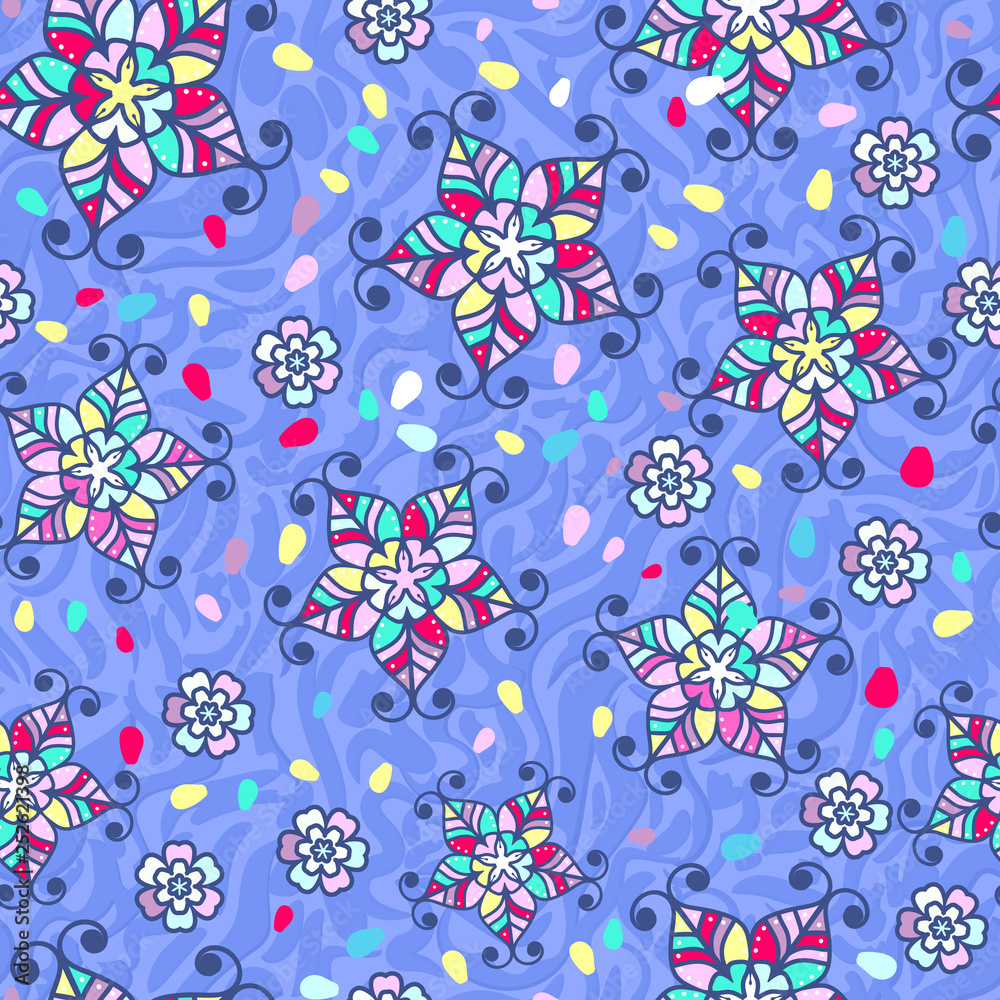 Fototapeta premium Vector floral ethnic seamless pattern in doodle style with flowers and leaves. Gentle, spring, summer floral background. Lies on an endless texture imitating the skin of an animal