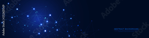 Website header or banner design with abstract geometric background and connecting dots and lines. Global network connection. Digital technology with plexus background and space for your text.