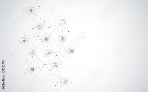 Technical abstract background with connecting dots and lines. Digital technology and communication concept with flat icons.