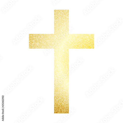 Golden Christian cross with sparkles icon. Vector illustration.