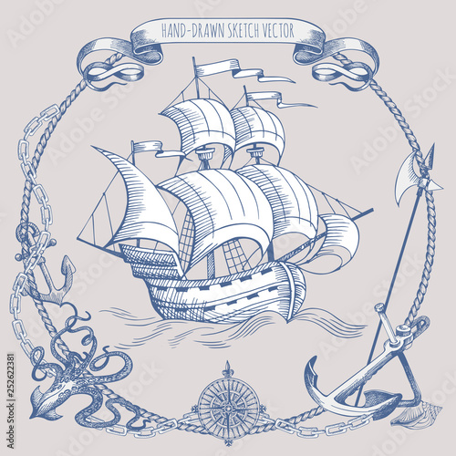 Adventure stories. Pirate background. Vintage border frame. Old caravel, vintage sailboat, sea monster.