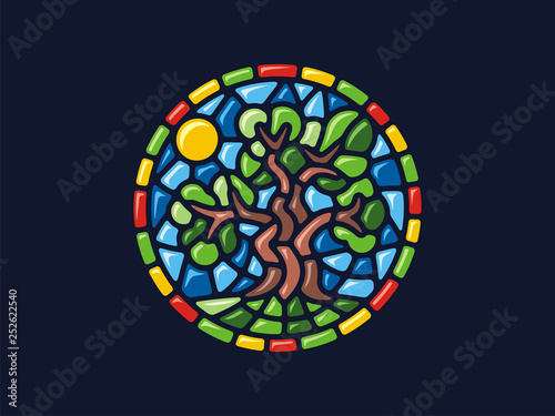 Vector mosaic. Round illustration of a tree. Can be used for application on Souvenirs, dishes, packaging, as well as for stained glass, panels, textiles, and so on.