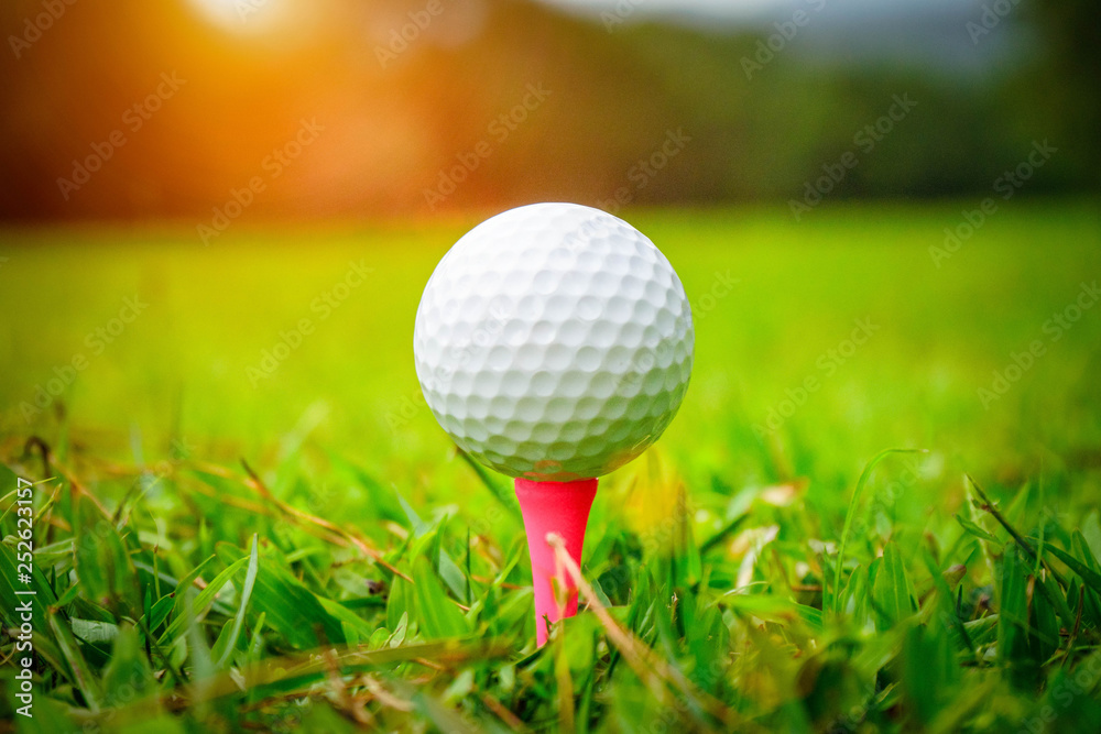 Golf ball on tee in beautiful golf course at sunset background. Golf ball on green in golf course at Thailand Golf ball on tee in beautiful golf course at sunset background. Golf ball on green in golf course at Thailand