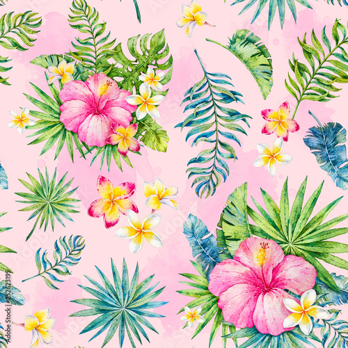 Tropics. Watercolor botanical illustration. Watercolor tropics seamless pattern. Paradise