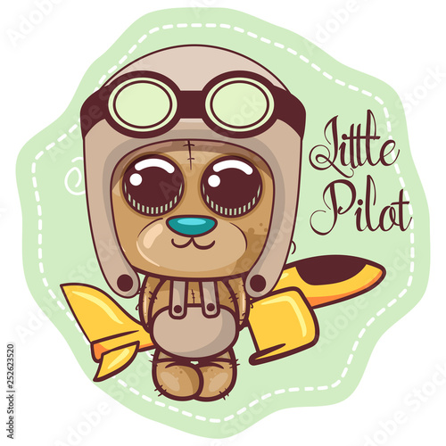 Greeting card Cute Cartoon bear with a plane - Vector