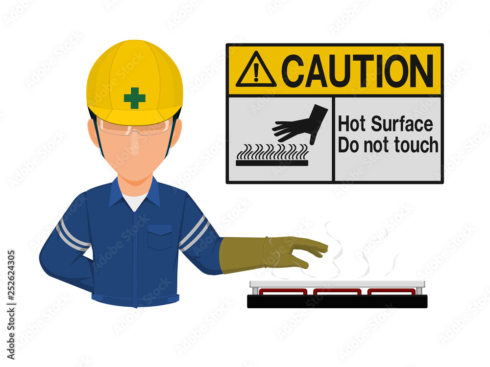 Industrial worker is presenting hot surface sign Industrial worker is presenting hot surface sign