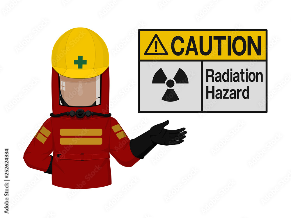 Industrial worker is presenting radiation sign