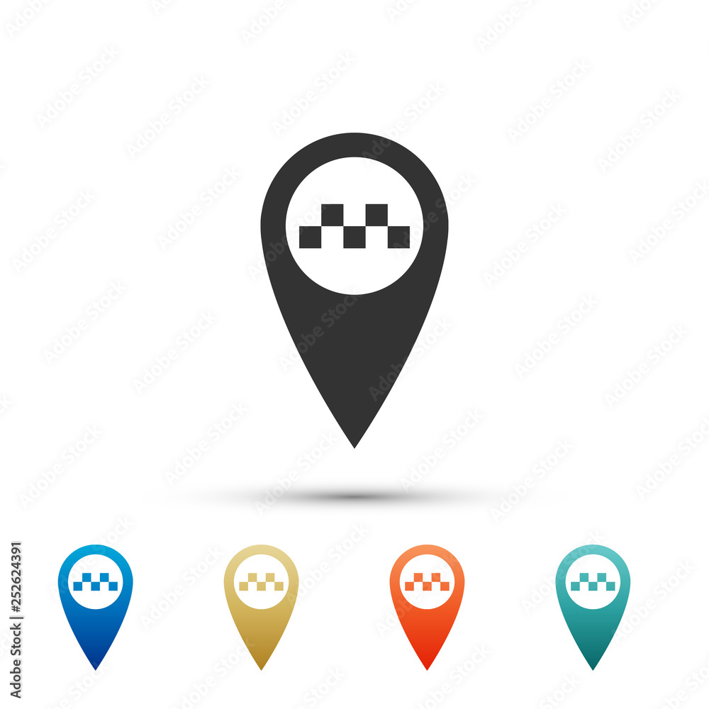 Map pointer with taxi icon isolated on white background. Set elements in color icons. Vector Illustration